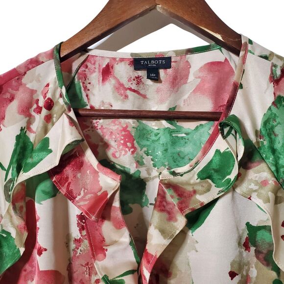 Talbots Floral Blouse 14P Ruffle Neck Grannycore Cottagecore Prairie Soft Womens - Picture 3 of 8